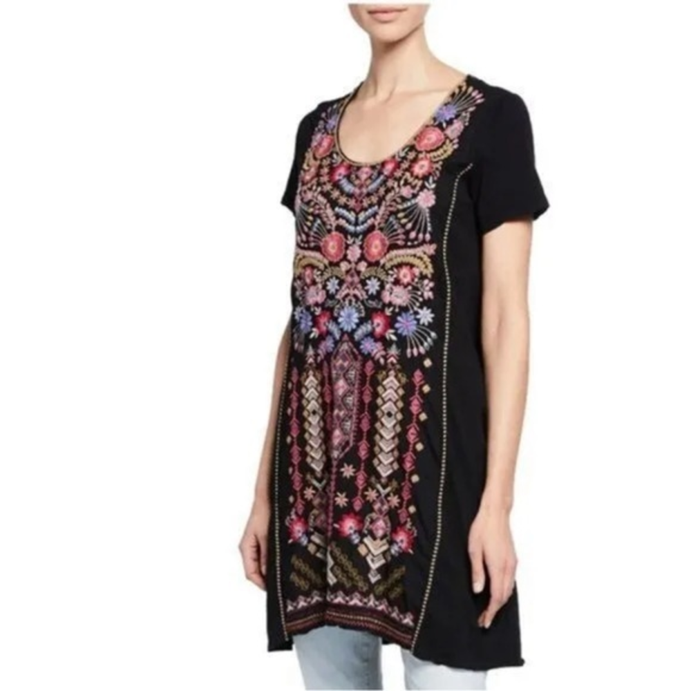 Johnny‎ Was Frederique Embroidered Short-Sleeve Panel Knit Tunic Size XS